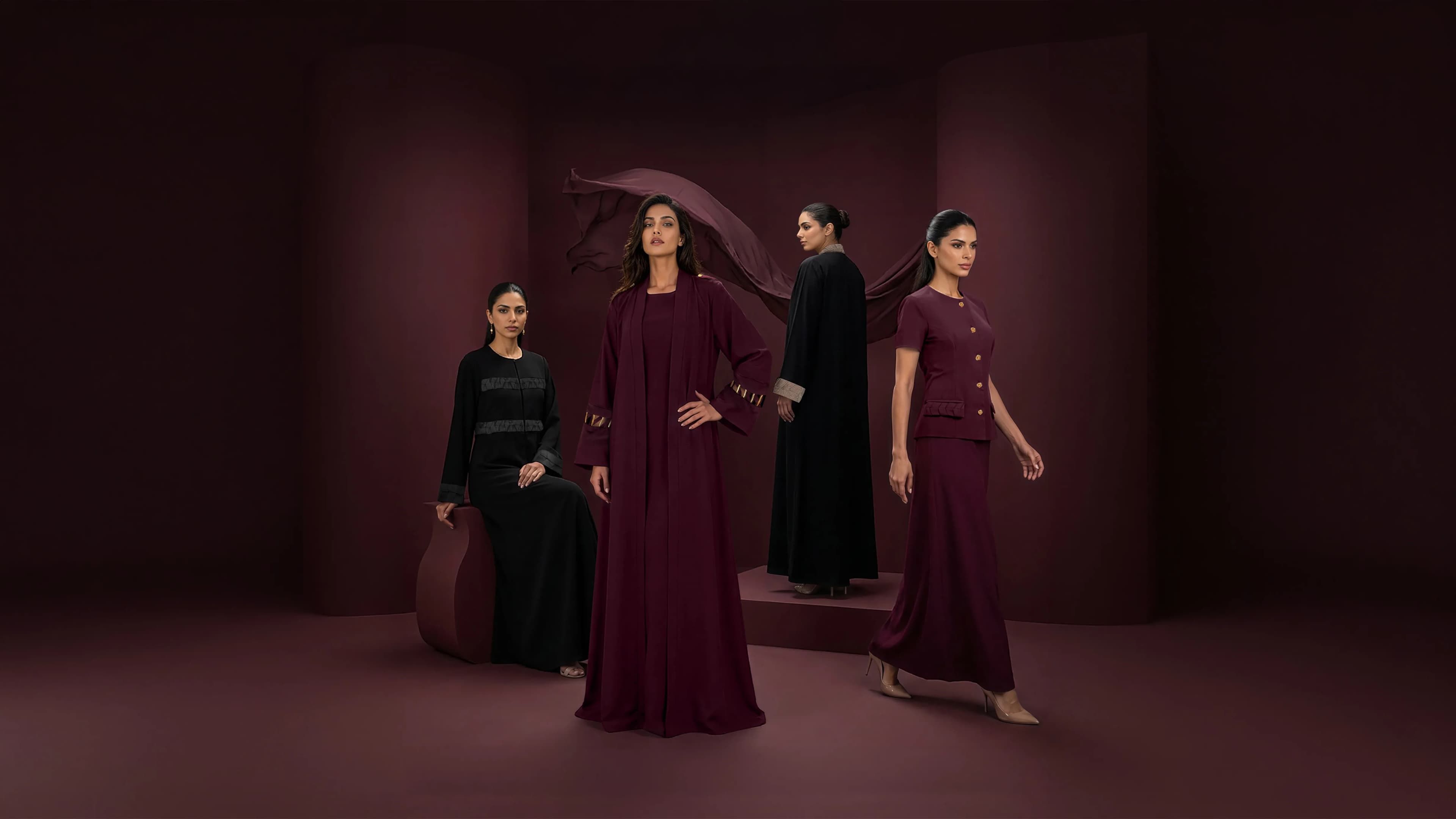 Bint Saeed luxury abayas, editorial photograph. Bint Saeed Abu Dhabi, United Arab Emirates.