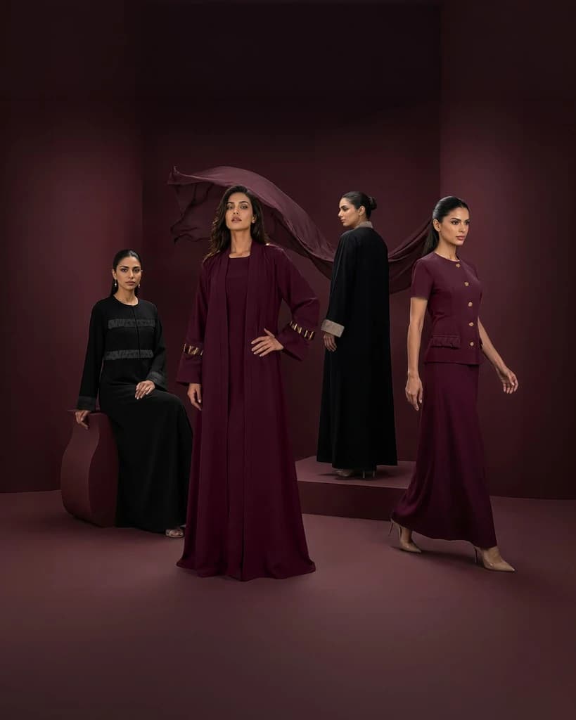 Bint Saeed luxury abayas in burgundy and black, editorial group photograph. Bint Saeed Abu Dhabi, United Arab Emirates.